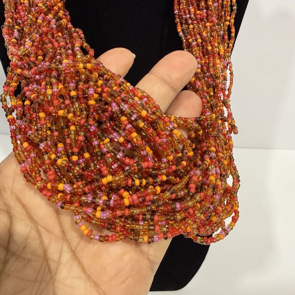 Vtg Necklace red and orange seed beads 30 strands 20 in long crocheted ends - Picture 4 of 8